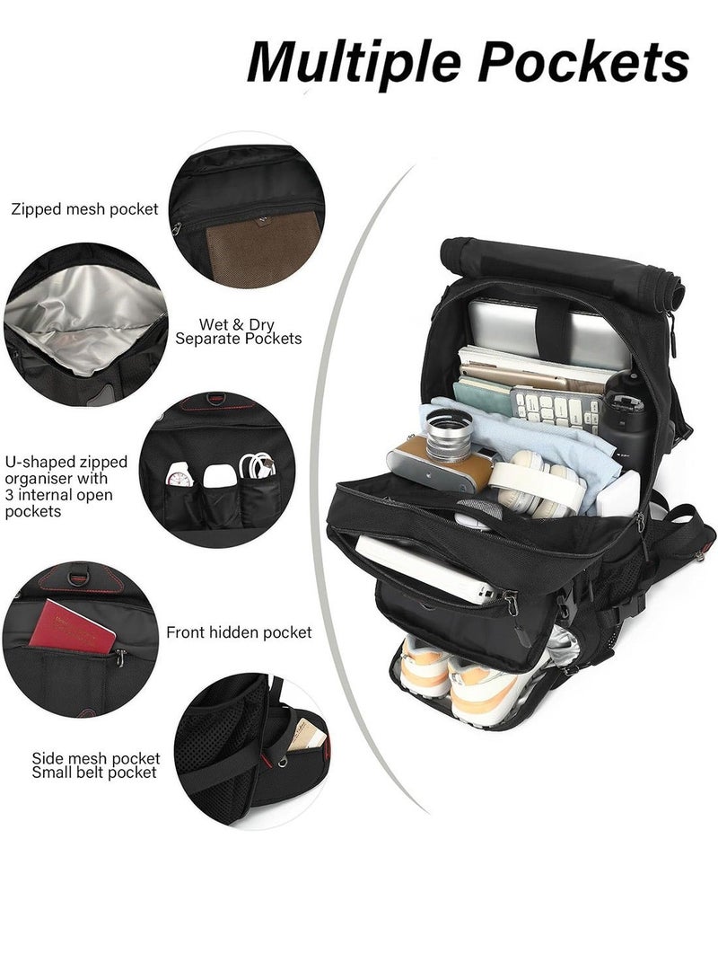 حقيبة ظهر سفر كبيرة متعددة الوظائف بسعة 60 لتر، قابلة للتحويل إلى حقيبة كتف، مزودة بمقصورات متعددة، وجيوب للأحذية والملابس المبللة، ومقاومة للماء، مناسبة للسفر والمشي لمسافات طويلة والتخييم. - Image 5